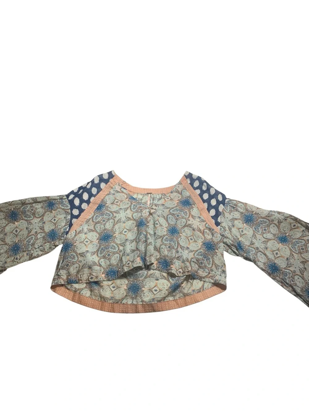 Free People Boho Patchwork Paisley Polka Dot Bell Sleeve Oversized Top XS